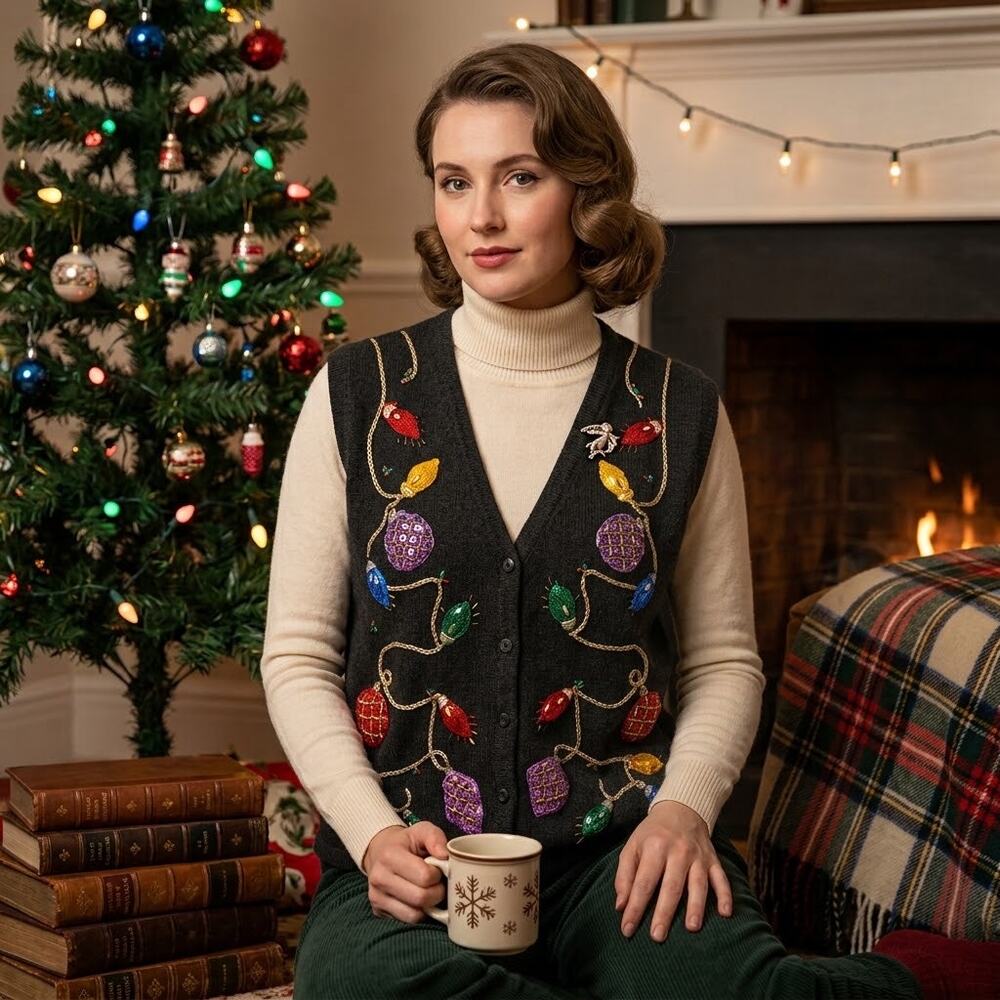 Bobbie Brooks vintage black christmas lights vest sweater Size 22/24W sleeveless